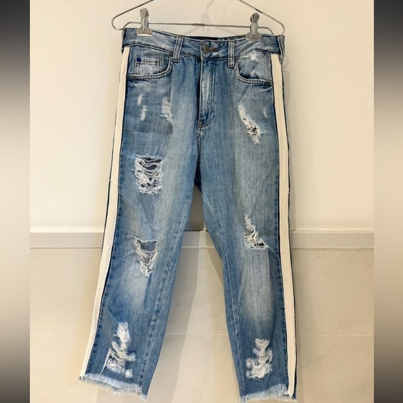 Distressed Blue Jeans with White Stripes CANAL - Picture 1 of 9